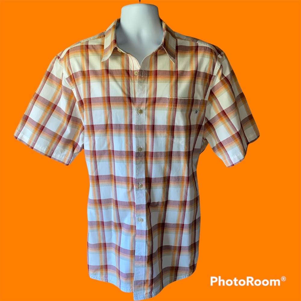 Marmot Button Up Shirt Mens 2XL Orange Cream Red Plaid Short Sleeve Pocket